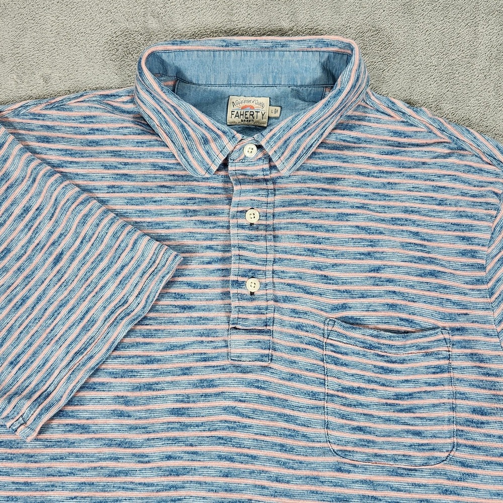 Faherty Polo Shirt Mens Large Blue Pink Stripe Slub Knit Short Sleeve Casual